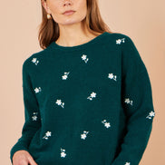 Yumi Green Daisy Embroidered Relaxed Jumper
