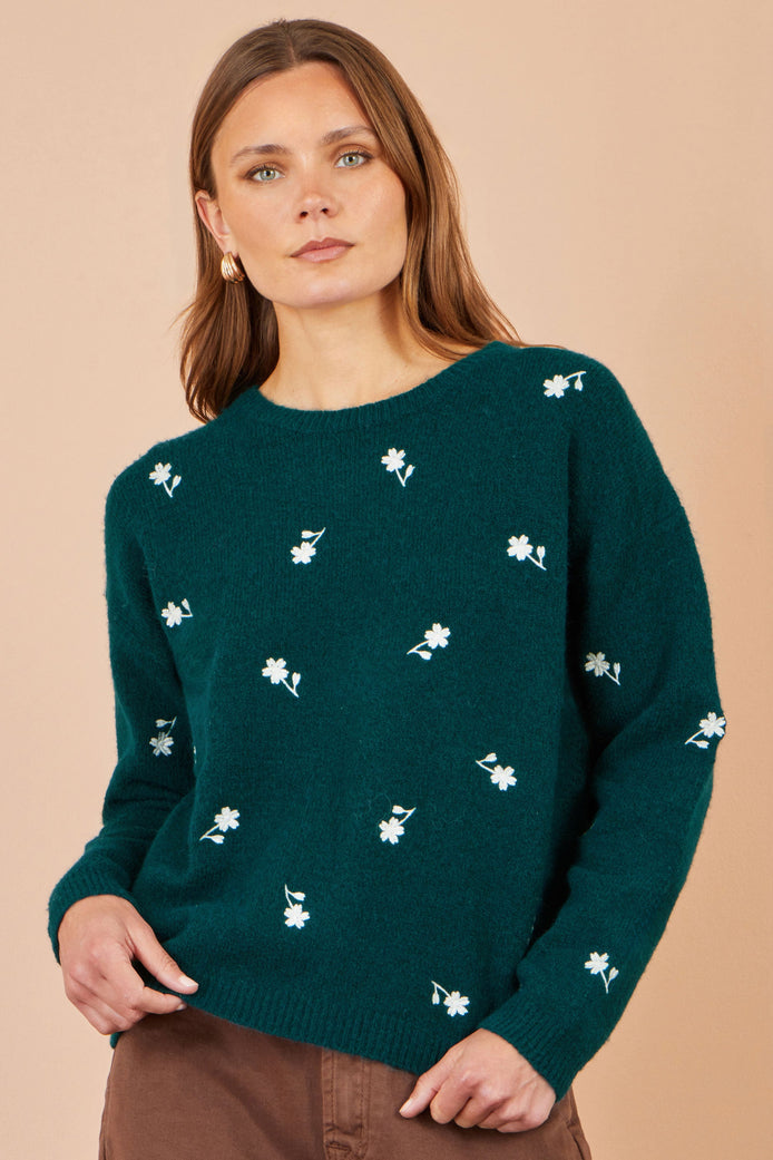 Yumi Green Daisy Embroidered Relaxed Jumper