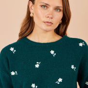 Yumi Green Daisy Embroidered Relaxed Jumper