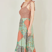 Yumi Multicolour Patchwork Ruched Smocked Maxi Sundress