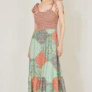 Yumi Multicolour Patchwork Ruched Smocked Maxi Sundress