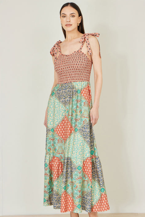 Yumi Multicolour Patchwork Ruched Smocked Maxi Sundress