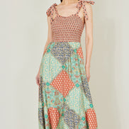 Yumi Multicolour Patchwork Ruched Smocked Maxi Sundress