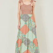 Yumi Multicolour Patchwork Ruched Smocked Maxi Sundress