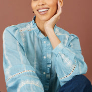 Yumi Blue Cotton Embroidered Panel Shirt