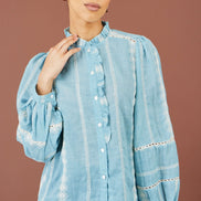 Yumi Blue Cotton Embroidered Panel Shirt