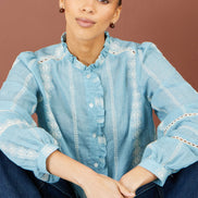 Yumi Blue Cotton Embroidered Panel Shirt