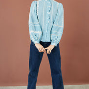 Yumi Blue Cotton Embroidered Panel Shirt