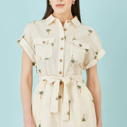 Yumi White Embroidered Palm Print Cotton Playsuit