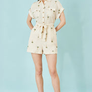 Yumi White Embroidered Palm Print Cotton Playsuit