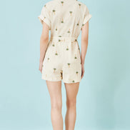 Yumi White Embroidered Palm Print Cotton Playsuit
