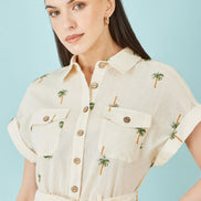 Yumi White Embroidered Palm Print Cotton Playsuit