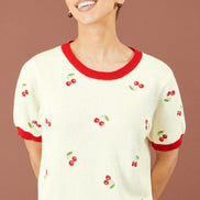 Yumi Ivory Cherry Cotton Knitted Top