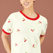 Yumi Ivory Cherry Cotton Knitted Top