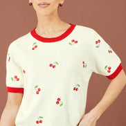 Yumi Ivory Cherry Cotton Knitted Top