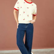 Yumi Ivory Cherry Cotton Knitted Top