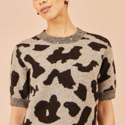 Yumi Brown Leopard Intarsia Short Sleeve Jumper
