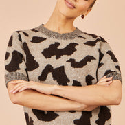 Yumi Brown Leopard Intarsia Short Sleeve Jumper