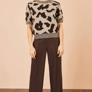 Yumi Brown Leopard Intarsia Short Sleeve Jumper