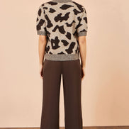 Yumi Brown Leopard Intarsia Short Sleeve Jumper