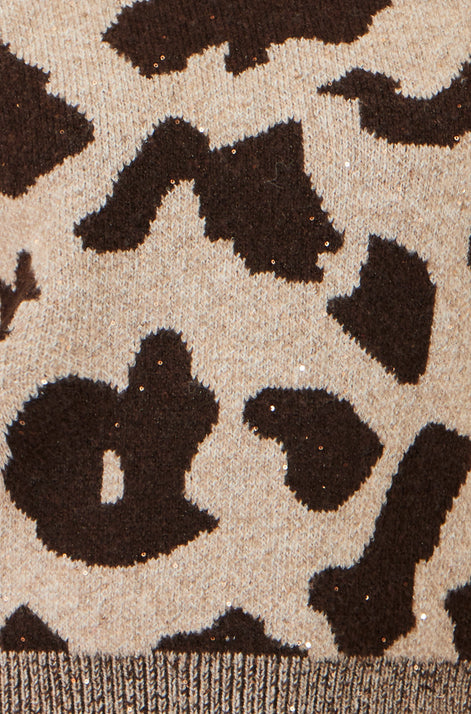 Yumi Brown Leopard Intarsia Short Sleeve Jumper