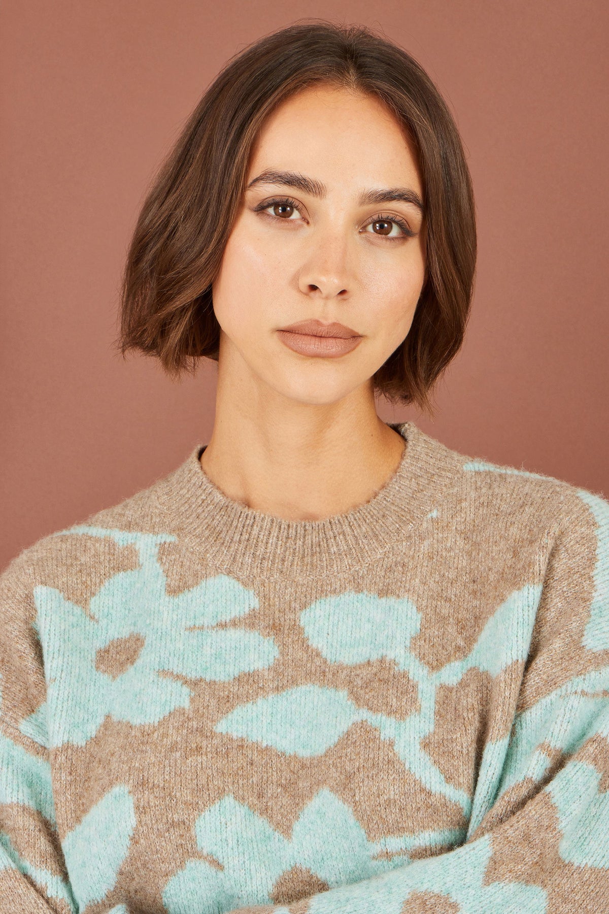 Yumi Brown Floral Intarsia Relaxed Fit Jumper