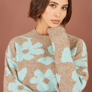 Yumi Brown Floral Intarsia Relaxed Fit Jumper