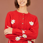 Yumi Red Daisy Stitch Cardigan