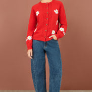 Yumi Red Daisy Stitch Cardigan