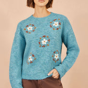 Yumi Blue Patch Floral Embroidered Relaxed Jumper