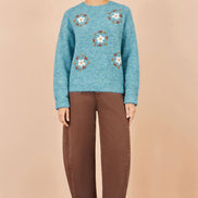 Yumi Blue Patch Floral Embroidered Relaxed Jumper