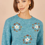Yumi Blue Patch Floral Embroidered Relaxed Jumper