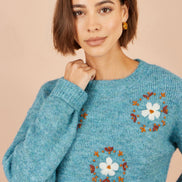 Yumi Blue Patch Floral Embroidered Relaxed Jumper