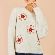 Yumi Ivory Patch Floral Embroidered Relaxed Jumper
