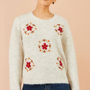 Yumi Ivory Patch Floral Embroidered Relaxed Jumper