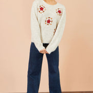 Yumi Ivory Patch Floral Embroidered Relaxed Jumper