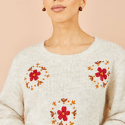 Yumi Ivory Patch Floral Embroidered Relaxed Jumper