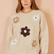 Yumi Beige Relaxed Crochet Flower Jumper