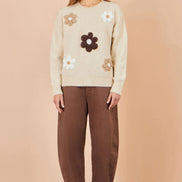 Yumi Beige Relaxed Crochet Flower Jumper