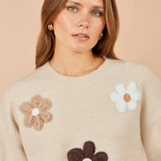 Yumi Beige Relaxed Crochet Flower Jumper