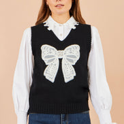 Yumi Black Lace Bow Knitted Pullover