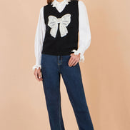 Yumi Black Lace Bow Knitted Pullover