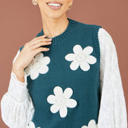 Yumi Teal Flower Appliqué Knit Tank