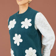 Yumi Teal Flower Appliqué Knit Tank