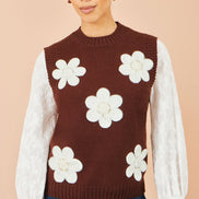 Yumi Brown Flower Applique Knit Tank