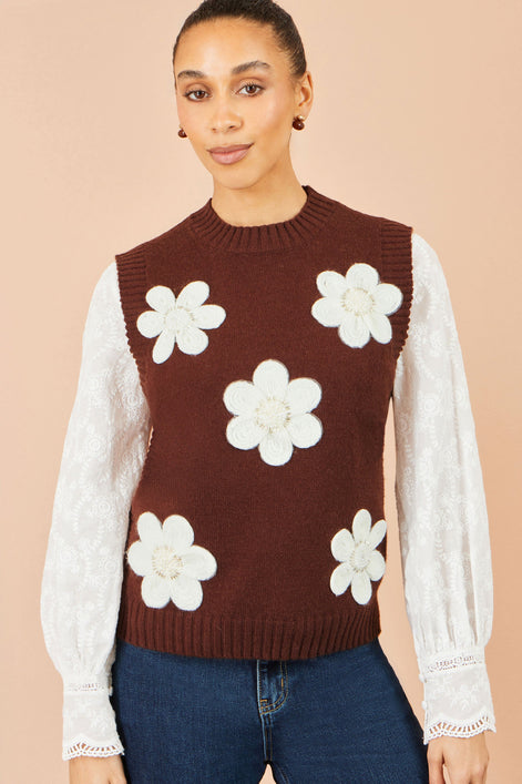 Yumi Brown Flower Applique Knit Tank