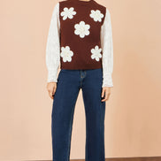 Yumi Brown Flower Applique Knit Tank