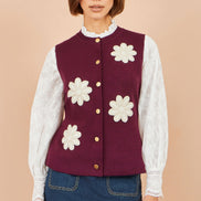 Yumi Burgundy Flower Applique Knit Waistcoat