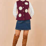 Yumi Burgundy Flower Applique Knit Waistcoat