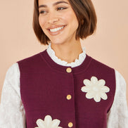 Yumi Burgundy Flower Applique Knit Waistcoat